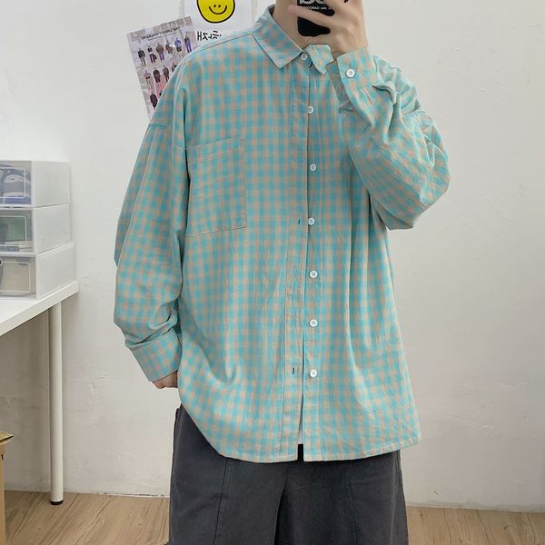 

2021 new men's lattice printing hawaiian long sleeve student loose shirt camisa masculina streetwear mens fashion shirts -3xl mswc, White
