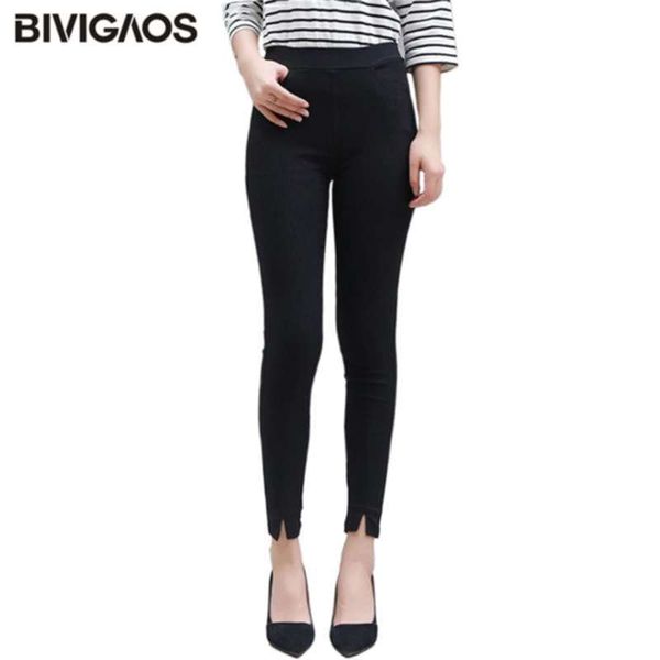 Bivigaos kadın yüksek bel ön bölünmüş siyah tozluk ilkbahar sonbahar dokuma casual legging pantolon ince sıska kalem pantolon 210928