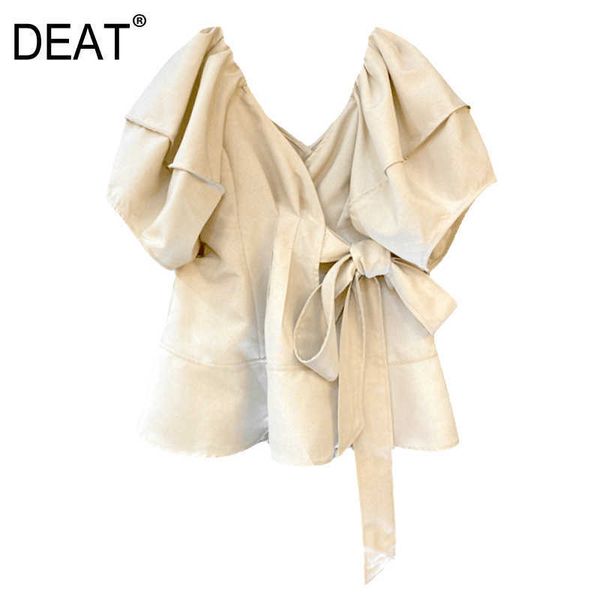 

[deat] summer fashion solid color square collar short sleeve temperament women shirt 13q085 210527, White