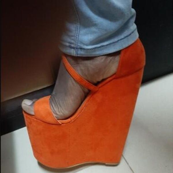 

sandals shofoo shoes,elegant women's sandals, suede, about 20 cm slope heel heightening banquet shoes., Black