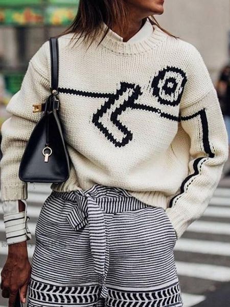 

women's sweaters women knitted sweater white ladies o-neck loose jacquard knitwear long sleeve wool shirt casual for winter autumn, White;black