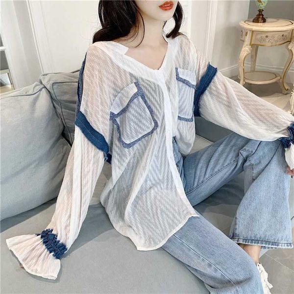 

big size korean spring/summer casual denim stitching shirt women's loose chiffon long-sleeved thin 210615, White