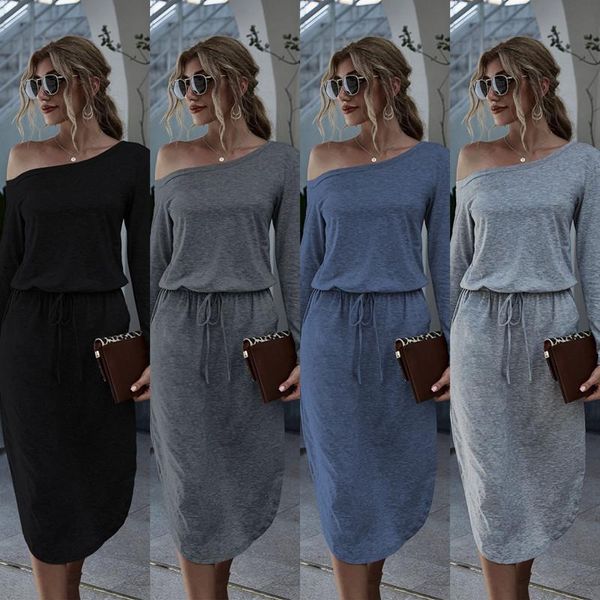 

strapless solid long sleeve women's dress casual tunic split slim ladies dresses fahsion speint autumn pocket female, Black;gray