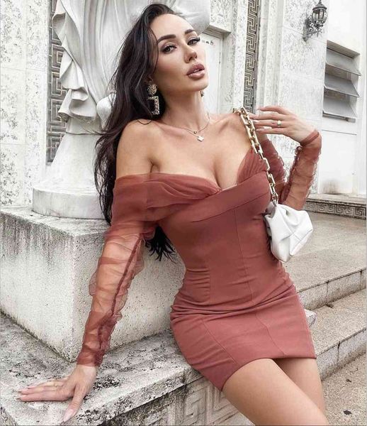 

dresses vero sinly women winter fashion off shoulder brown mesh mini bandage 2021 elegant evening party vestidos, Black;gray