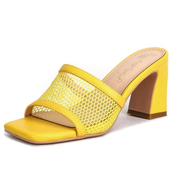 

plus size 34-43 women slippers square high heels ladies mules shoes fashion yellow color summer party, Black