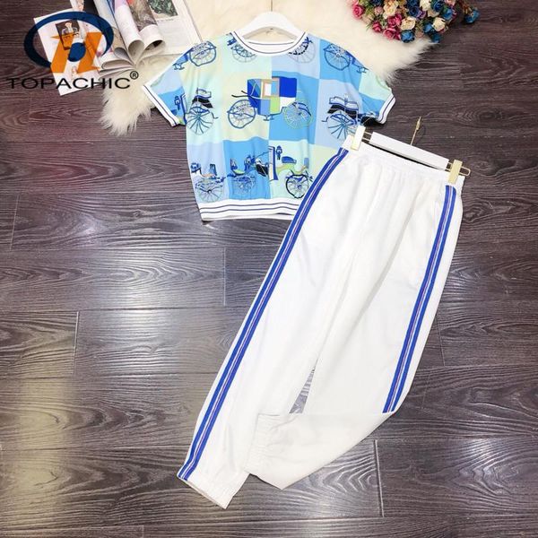 

women's two piece pants 6.2 high end summer striped spliced print o-neck comfortable tee + elastic waist casual set women, White