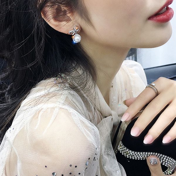 

70% off temperament 925 silver needle large pearl earrings bowknot new fashion women's high-end earrings, Golden;silver