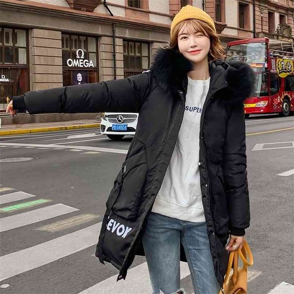 

thick women long jacket casual fashion warm cotton winter parka women big pocket fur collar hooded female coat outwear 210819, Black