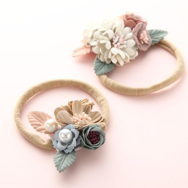 

hair accessories fashion flower hairband for girls pearl vintage floral nylon headband elastic ties headwear 2021, Slivery;white