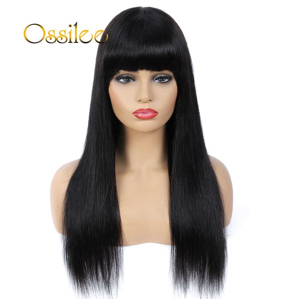 

full machine made straight human hair wigs with bang glueless wig with bangs brazilian for women natural blackfactory, Black