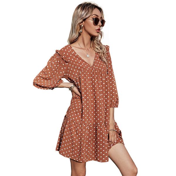 Polka Dots Print Profondo scollo a V Manica a tre quarti Ruffle Abito in chiffon Donna Casual allentato Streetwear Beach Party Abiti da festa 210608