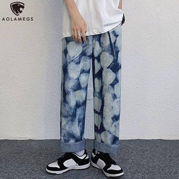 

men's jeans aolamegs men tie-dye loose hip hop baggy high street harajuku streetwear retro all-match denim pants big size, Blue