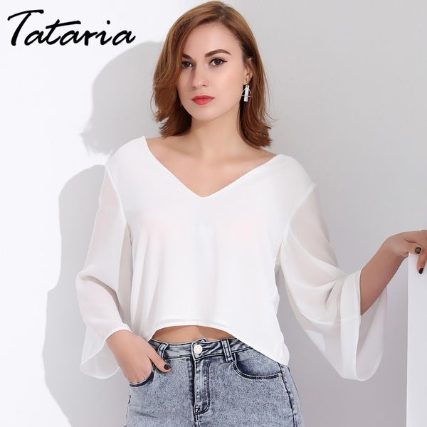 Tataria Blusa Branco Mulheres Tops Verão Manga Longa Chiffon Crop Top Roupas para Bluse Haut Femme Camcia Donna 210514