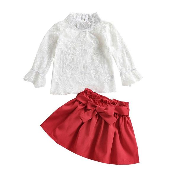 

clothing sets focusnorm princess kids girls autumn 2pcs clothes 1-6y lace flowers long sleeve t shirts bowknot a-line skirts, White