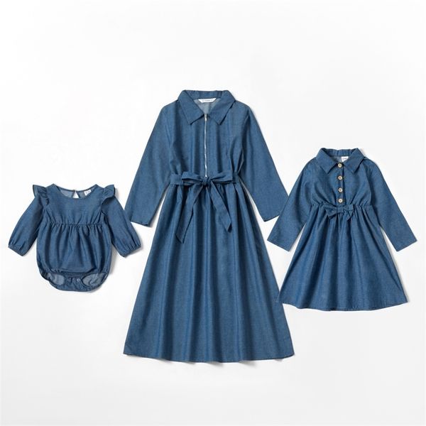 

shirt collar long-sleeve solid denim matching dresses 210528, Blue