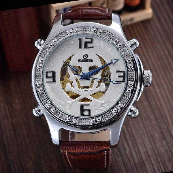 

men watch fashion skull watches automatic mechanicalwatches skeleton leather relogio masculino wristwatches, Slivery;brown