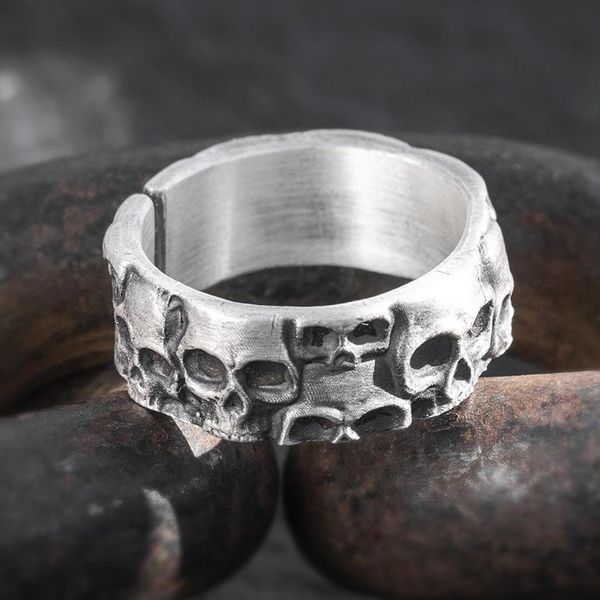 

cluster rings national standard 999 pure silver ring men's trendy open skull finger, Golden;silver