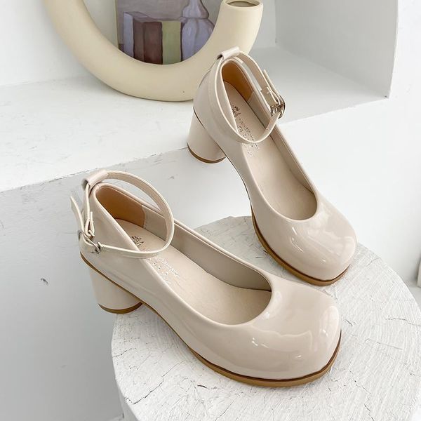 

mary janes shoes patent leather spring summer sandals high heels square toe ankle buckle vintage female pumps casual dress, Black