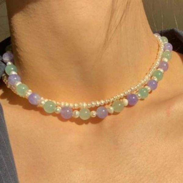 

chains colorful glass beaded necklace white imitation pearl strand for women 2pcs/set bohemian summer jewelry sweet party, Silver