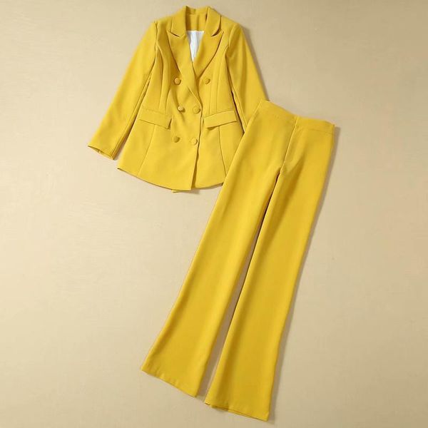 

women's two piece pants red roosarosee fashion spring autumn women turn-down collar long sleeve blazer + yellow straight female suits t, White