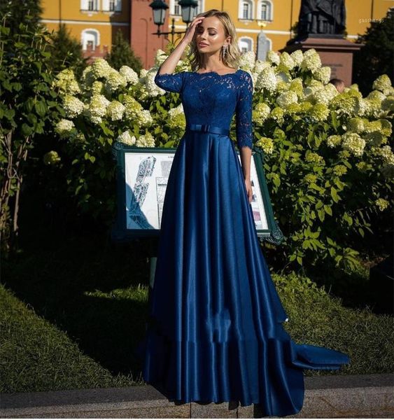 

nave blue evening dress a-line 2021 half sleeve lace appliques women formal party gowns floor length satin graceful pleat dresses1, White;black