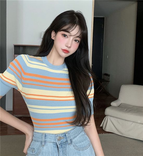 

2021 summer stripe short sleeve slim knitted t shirts womens tee shirt femme croped tops for womens (R98183, White