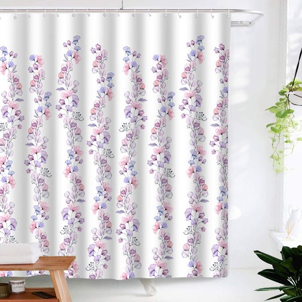 

purple flowers shower curtain pink x-ray floral blossom leaves branch plant modern art waterproof polyester fabric bath curtain