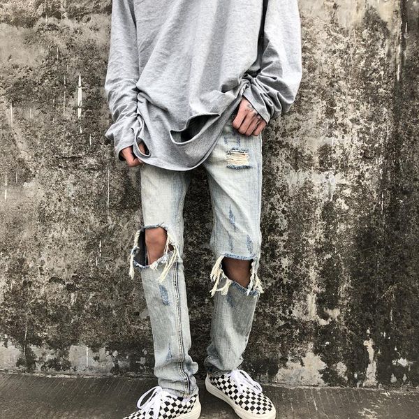 

high street fashion blue color slim fit destroyed ripped men broken pants retro designer hip hop jeans
