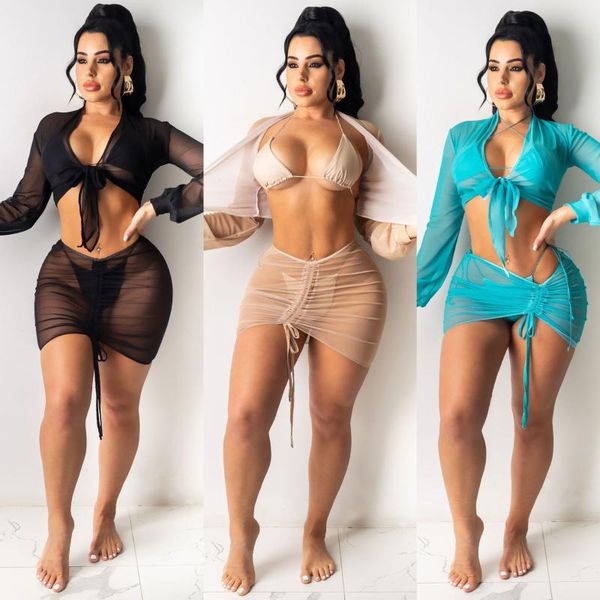 

women's swimwear women bikini cover ups set, solid color see through deep v-neck cropped + drawstring mini skirt, White;black