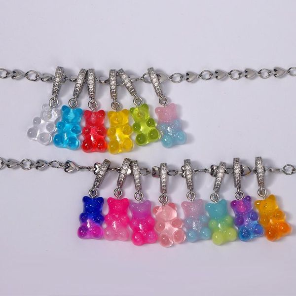 

chains korean colorful bear zircon pendant silver color heart chain necklace for women girls gummy bears metal clavicle necklaces
