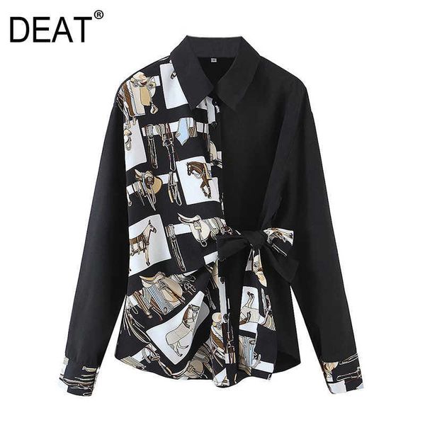 

[deat] spring autumn fashion turn-down collar printing long sleeve personality irregular women's shirt 13w903 210527, White