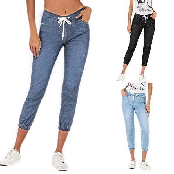 

women's jeans fashion lace-up washed foot lantern denim cropped pants, Blue