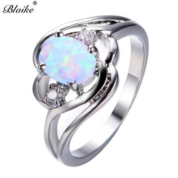 

cluster rings blaike mystic fire white/blue/rainbow opal oval zircon for women white gold filled birthstone ring jewelry gifts, Golden;silver