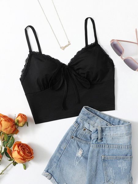 

lace trim tie front cami crop 61od#, White