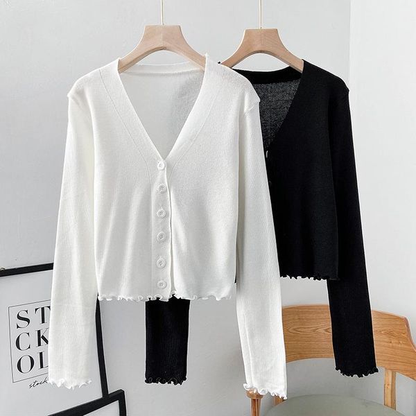 

women's knits & tees 2021 autumn style wooden ear knitted cardigan coat thin gentle v-neck long-sleeve trendy isn, White