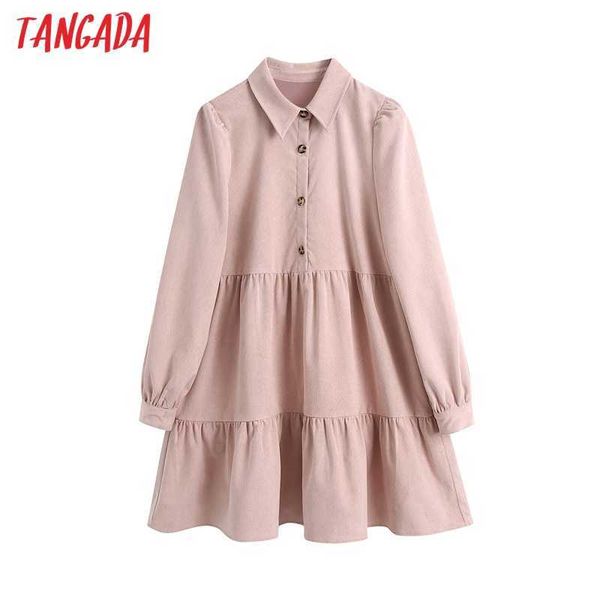 

tangada women vintage solid pink corduroy shirt dress female spring fashion casual chic short vestido be185 210609, Black;gray