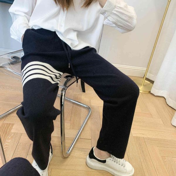 

casual pants 2021 tb four bar high waist slim straight knitting wool wide leg men's and women's loose, Black;white