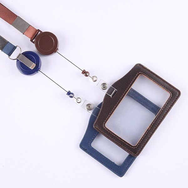 

card holders simple lanyard id badge clip leather document cover bank retractable shoulder strap, Brown;gray