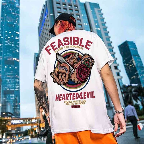 

chinese style card street personality ghost hip hop europe and america short sleeve t-shirt human head knife saccharum 210322, White;black