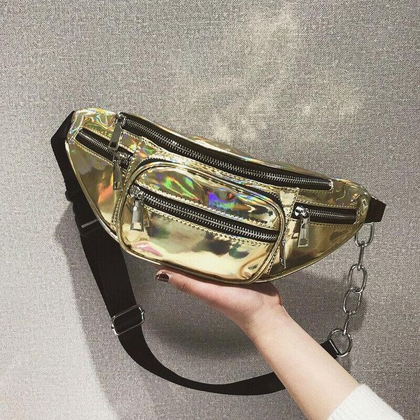 

brand women girls fanny shiny leather pouch fashion chain belt waist shoulder bags pack purse wallet