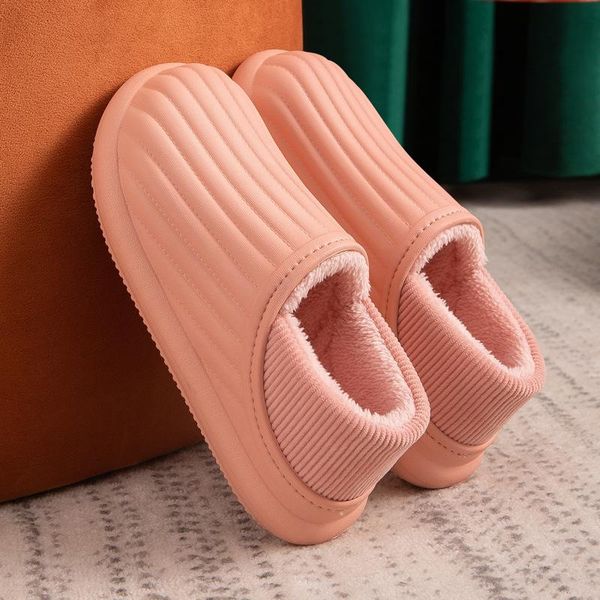 

slippers waterproof cotton home women men thick sole flat heels shoes winter plush warm couple eva indoor outdoor footwear, Black