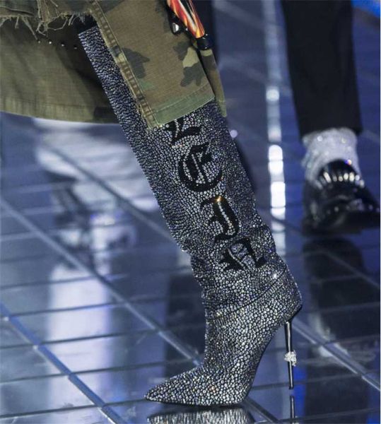 

crystal fashion letter print knee high boots women bling diamond slip on slouchy winter pointed toe heels shoes, Black