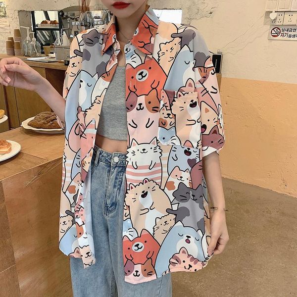

women's blouses & shirts summer kawaii short sleeve women loose cute cat shirt female retro cartoon mujer, White
