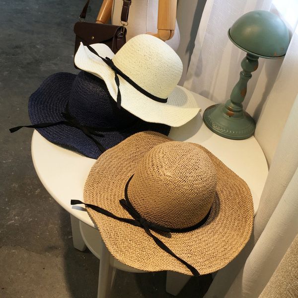 

new korean hat lady summer sun hat dome bow beach straw hat, Blue;gray