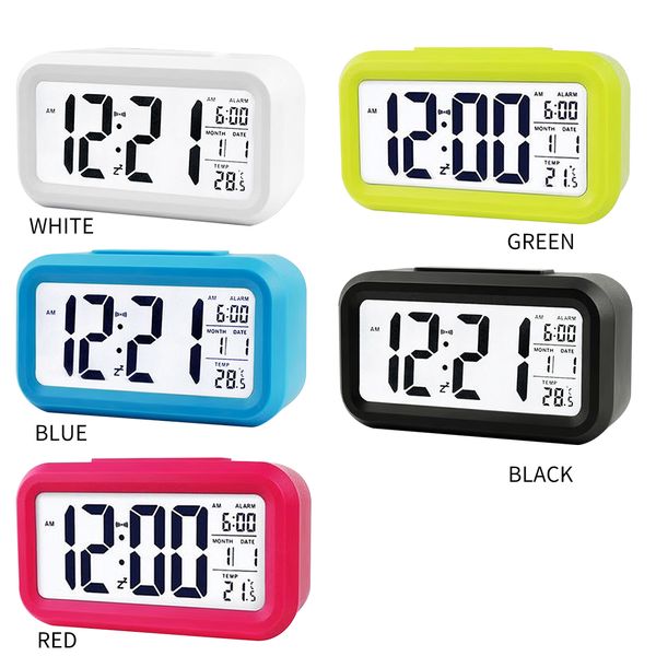 Smart Temperature Alarm Clock LED Digital Backlight Calendário Desktop Snooze Mute Eletrônico Despertador Relógio Watch Battery Power