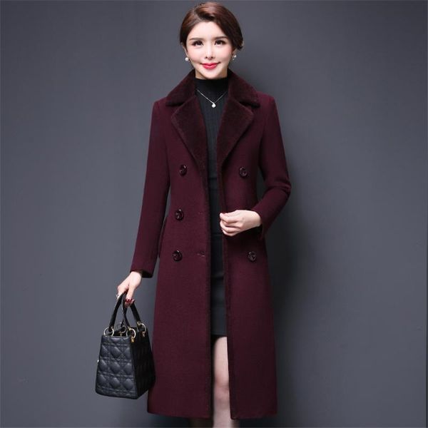 

women's wool & blends plus size autumn women coat winter woolen coats long paragraph solid color cashmere overcoat thick jacket, Black