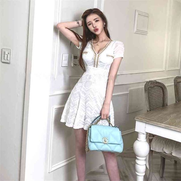 

white lace a line dress korean ladies summer v neck short sleeve cabaret party mini dresses for women 210602, Black;gray