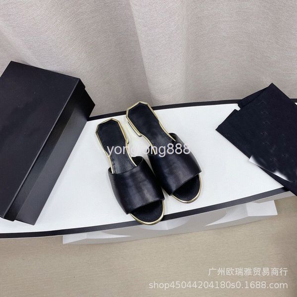 

dress shoes summer xiaoxiangfeng cowhide round head flat heel flip flop fashion open toe outside wearing lazy sandals, Black
