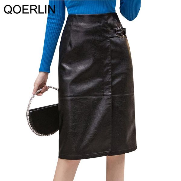 

skirts qoerlin autumn winter black pu leather elegant pencil midi pockets high waist side split sheath wrap saias