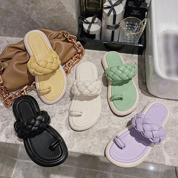 

slippers women clip toe weaving solid low heels casual ladies flip flops round concise female flats summer fashion shoes, Black